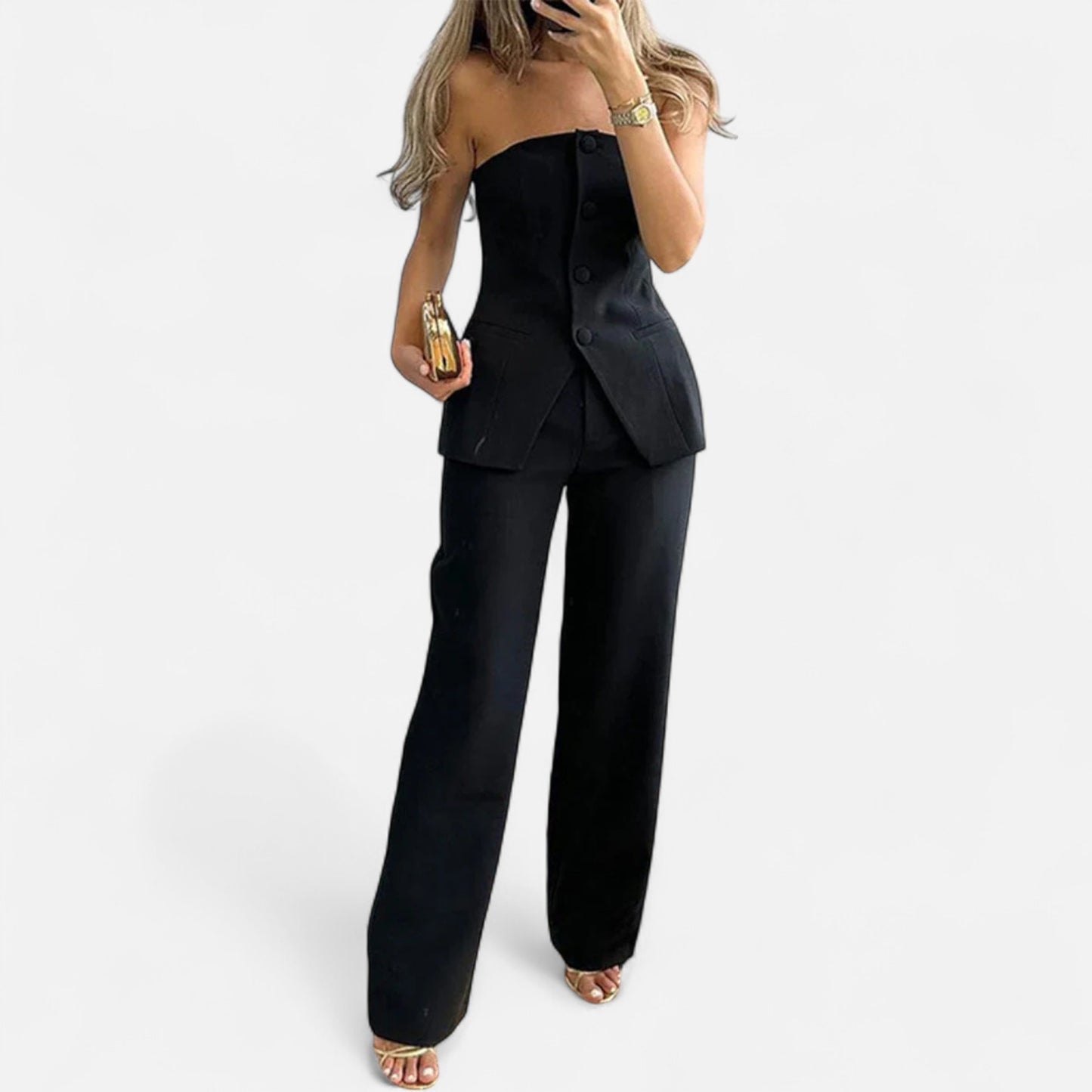 Velour Mode | Tailleur Pantalon Taille Haute Sans Bretelles – Structure Moderne et Élégance Sculptée