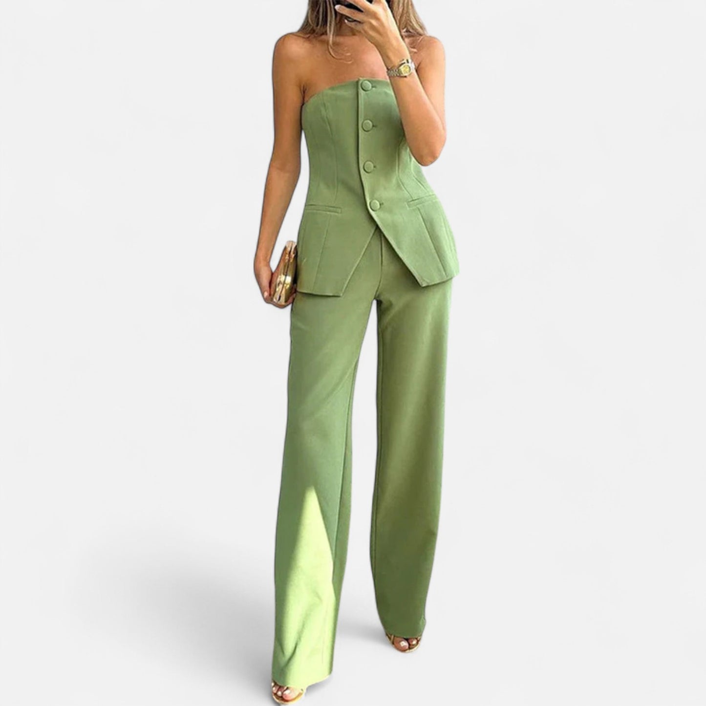 Velour Mode | Tailleur Pantalon Taille Haute Sans Bretelles – Structure Moderne et Élégance Sculptée
