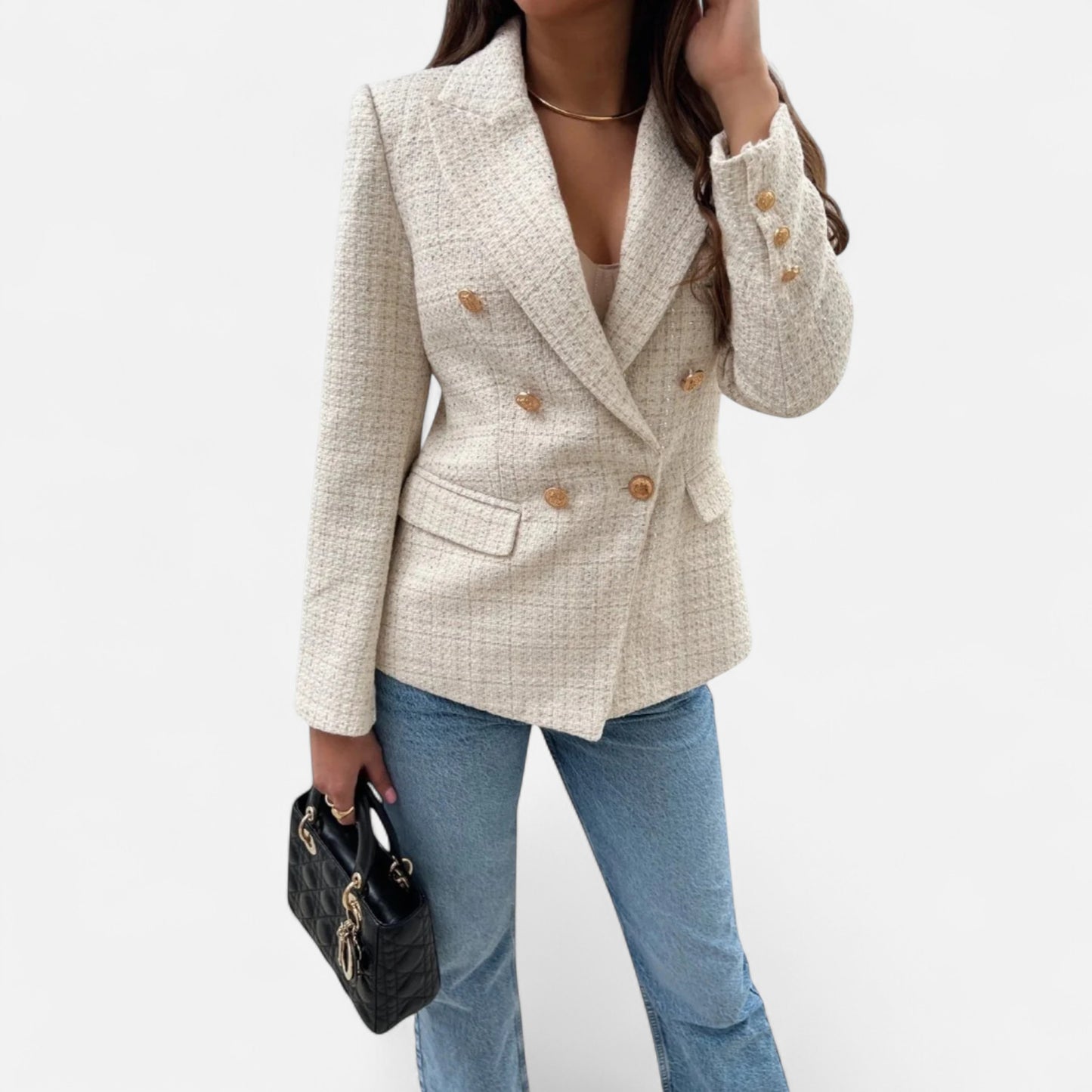Velour Mode | Veste Blazer Cintrée Femme en Tweed Texturé avec Boutons Dorés