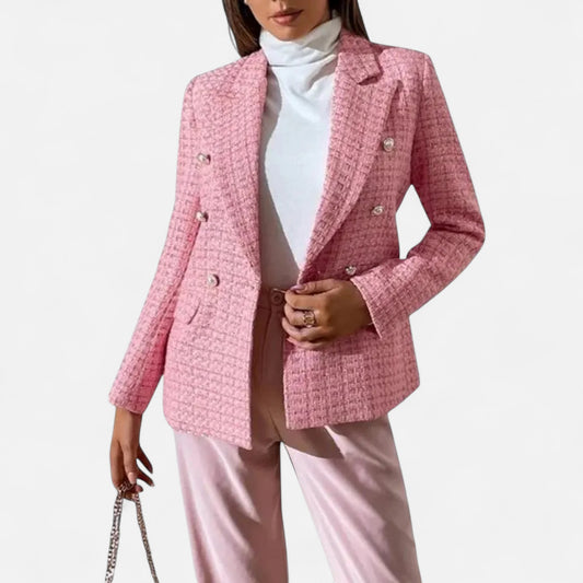 Velour Mode | Veste Blazer Cintrée Femme en Tweed Texturé avec Boutons Dorés