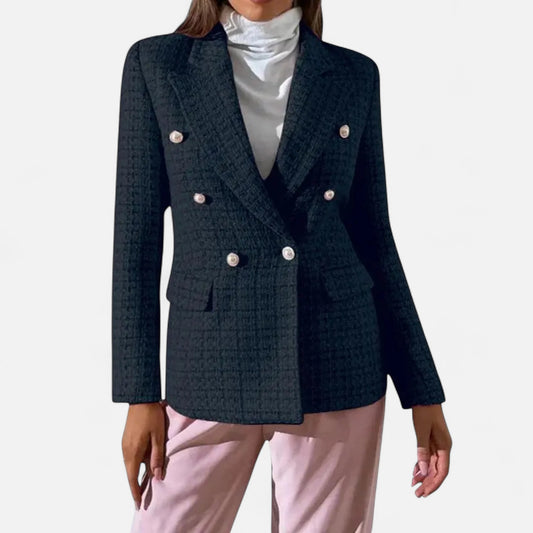Velour Mode | Veste Blazer Cintrée Femme en Tweed Texturé avec Boutons Dorés