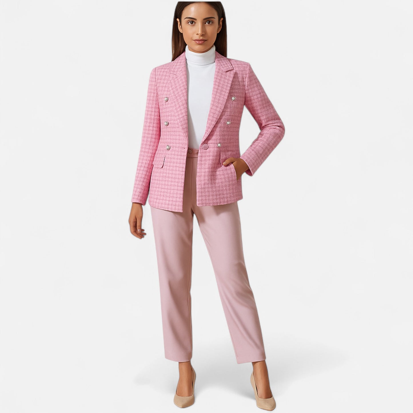 Velour Mode | Veste Blazer Cintrée Femme en Tweed Texturé avec Boutons Dorés