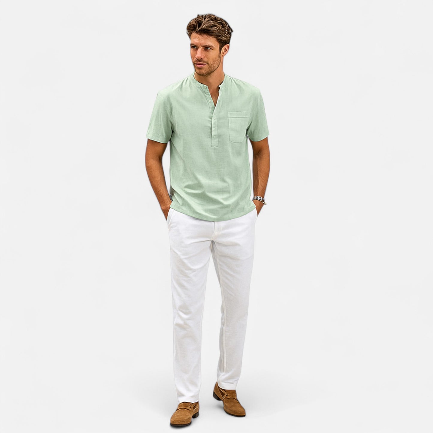 Velour Mode | Chemise Homme Lin et Coton Col Henley – Élégance Décontractée, Esprit Naturel