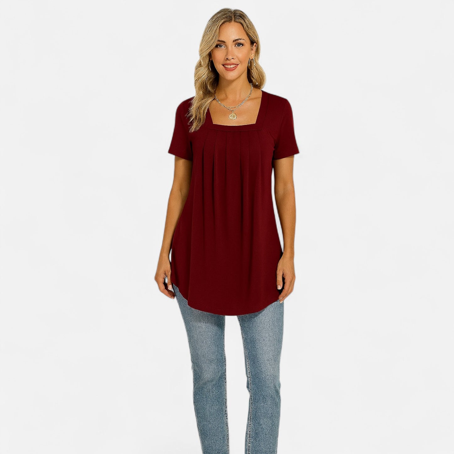 Velour Mode | T-shirt Femme Élégant à Col Carré – Plissé Délicat, Allure Structurée