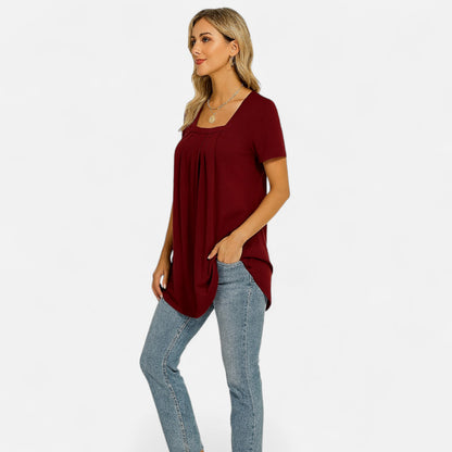 Velour Mode | T-shirt Femme Élégant à Col Carré – Plissé Délicat, Allure Structurée