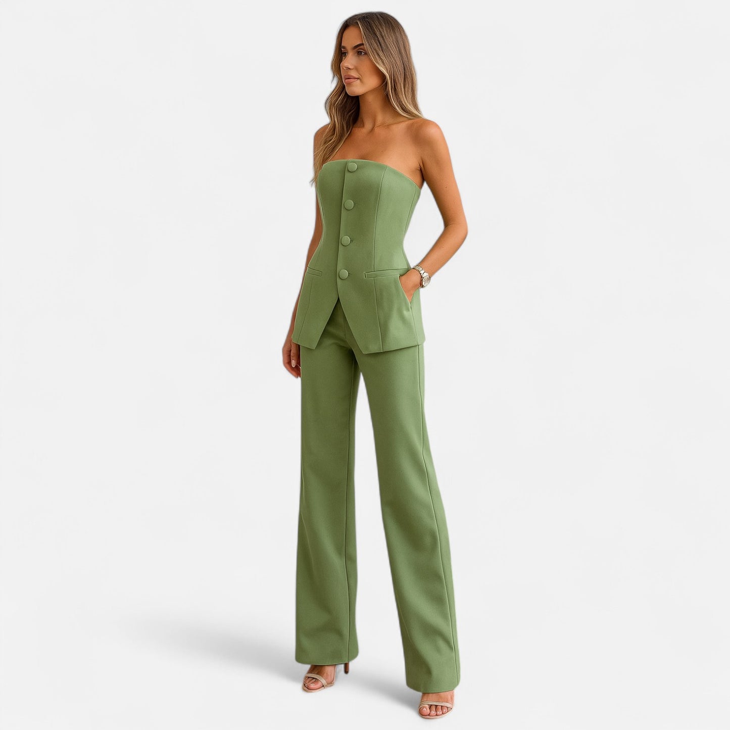 Velour Mode | Tailleur Pantalon Taille Haute Sans Bretelles – Structure Moderne et Élégance Sculptée