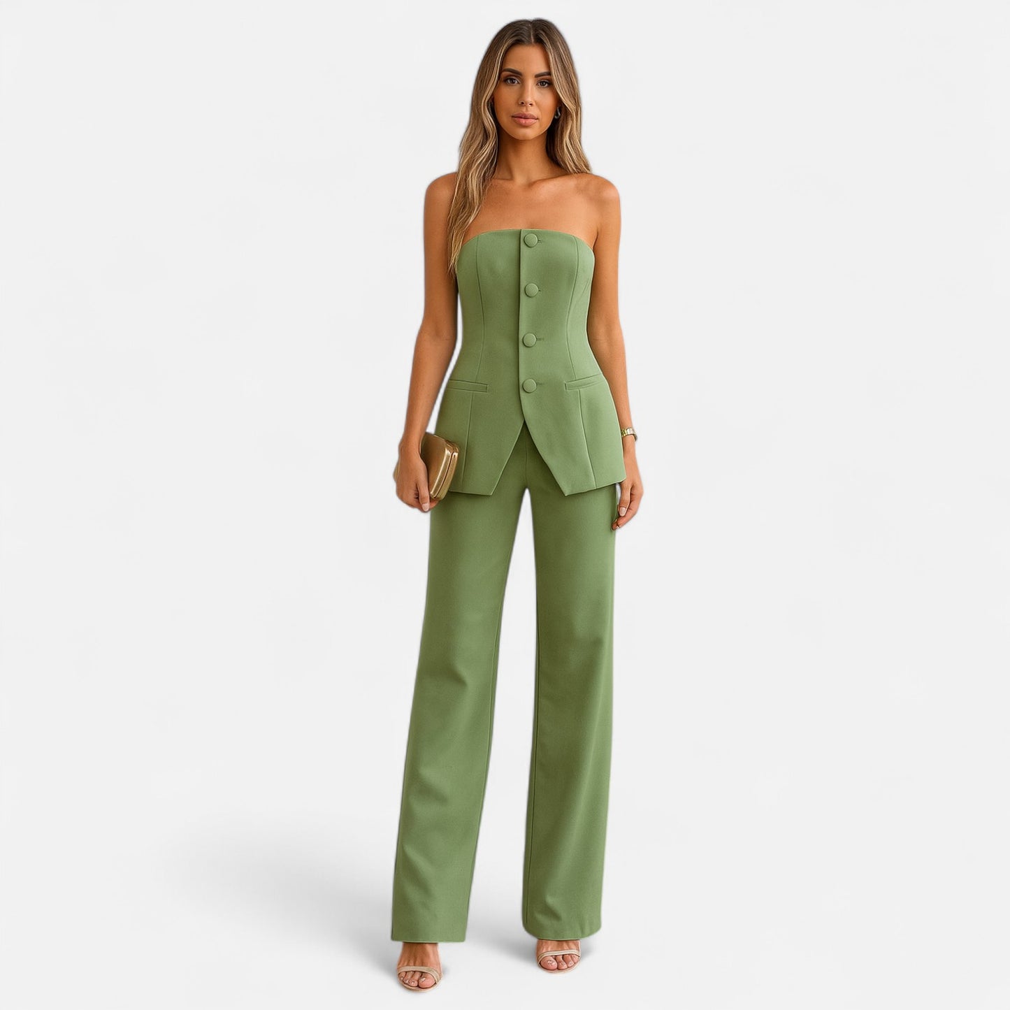 Velour Mode | Tailleur Pantalon Taille Haute Sans Bretelles – Structure Moderne et Élégance Sculptée