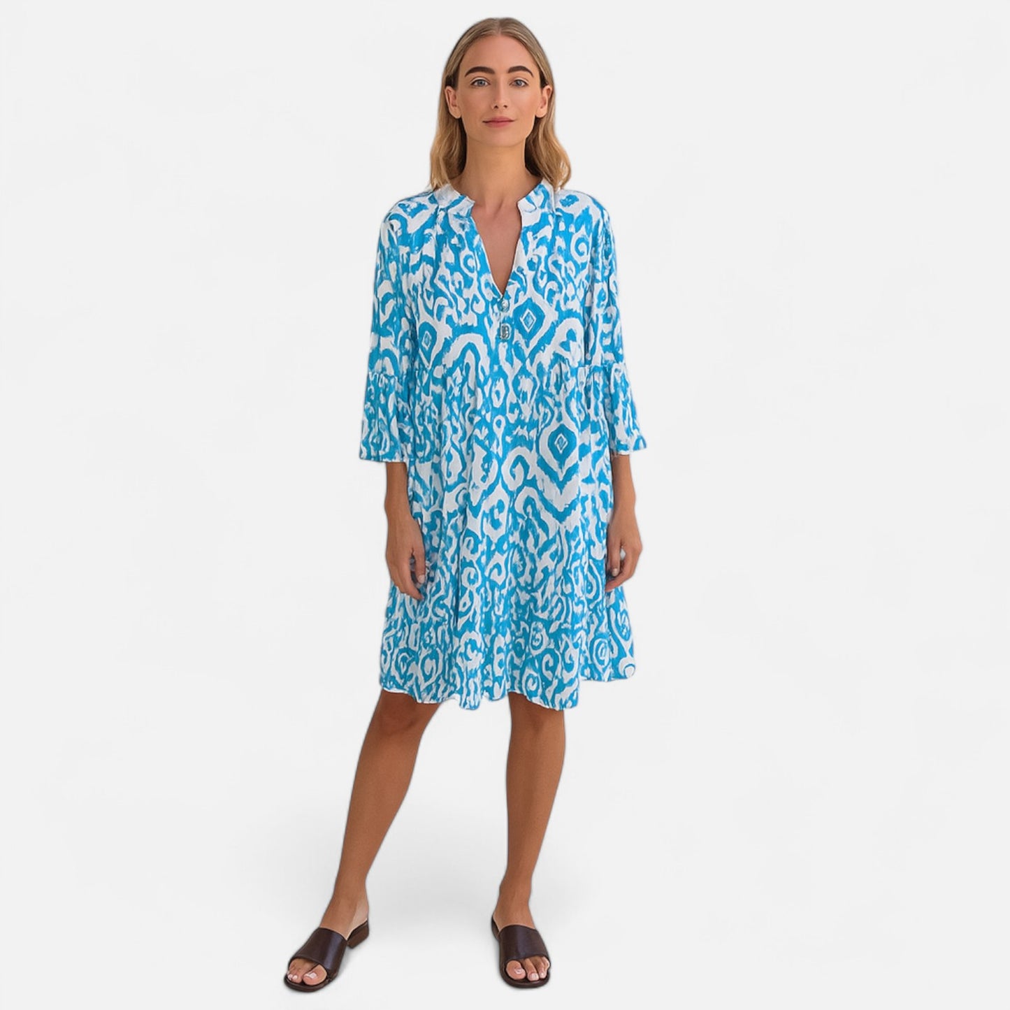 Velour Mode | Robe Femme Plissée à Imprimé – Décolleté en V, Élégance Décontractée