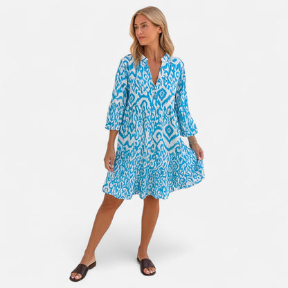 Velour Mode | Robe Femme Plissée à Imprimé – Décolleté en V, Élégance Décontractée