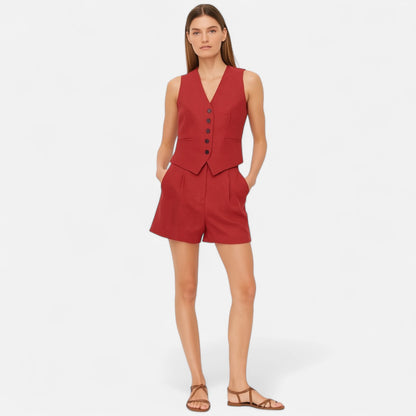 Velour Mode | Ensemble Femme Gilet + Short Taille Haute – Silhouette Affinée, Style Coordonné
