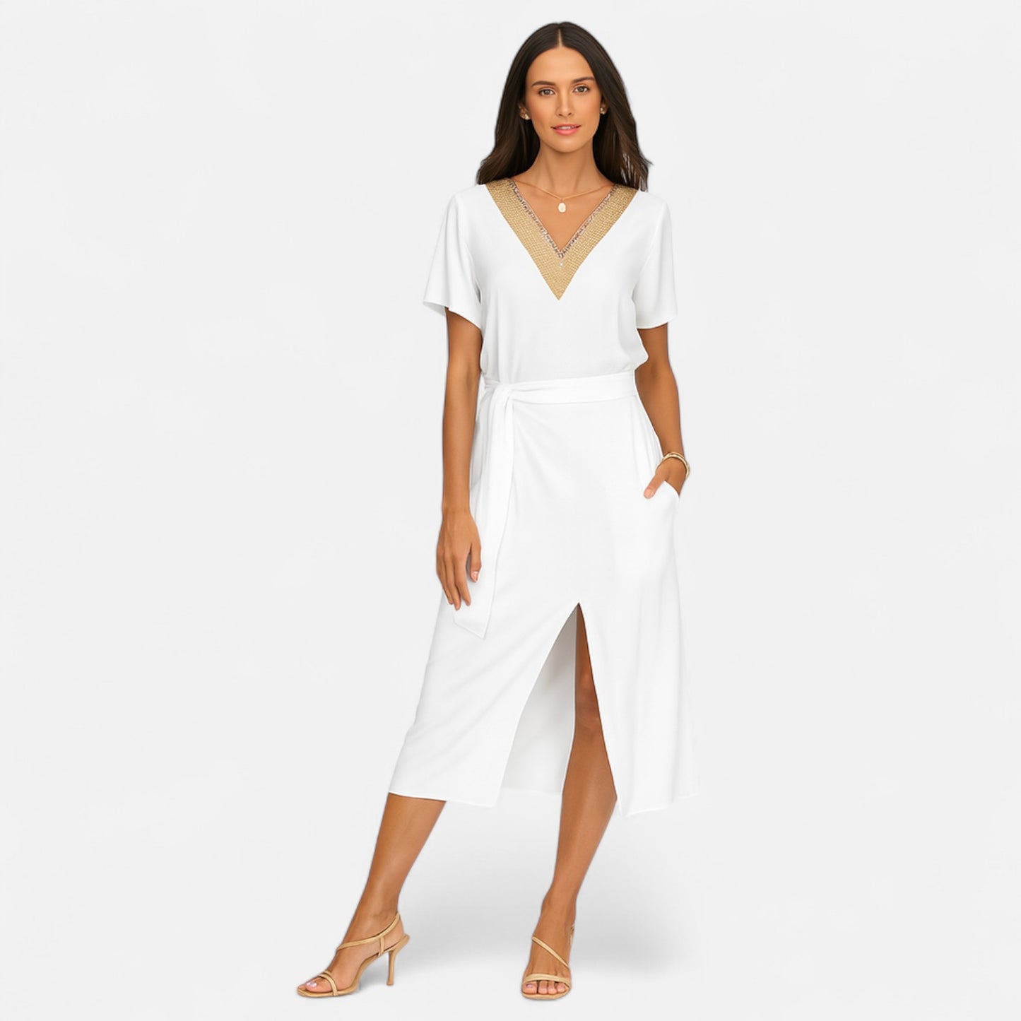 Velour Mode | Robe Blanche Femme Midi à Col en V