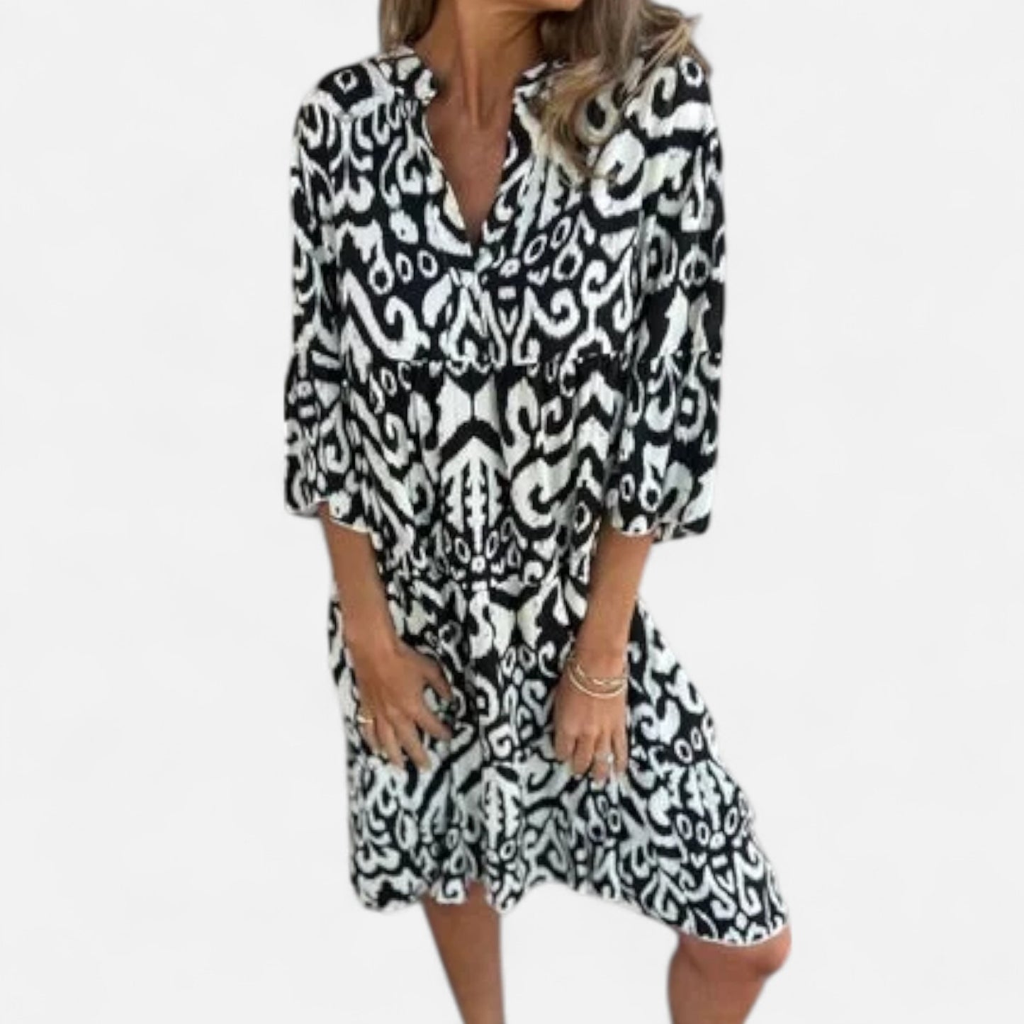 Velour Mode | Robe Femme Plissée à Imprimé – Décolleté en V, Élégance Décontractée