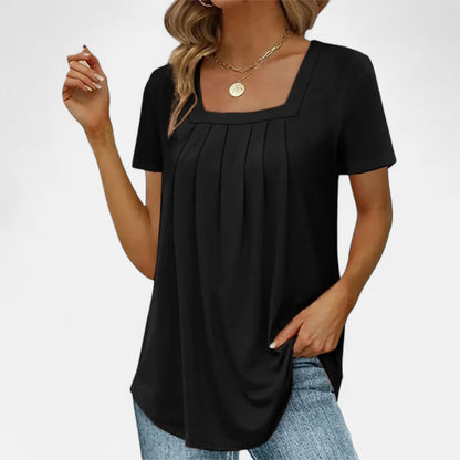 Velour Mode | T-shirt Femme Élégant à Col Carré – Plissé Délicat, Allure Structurée