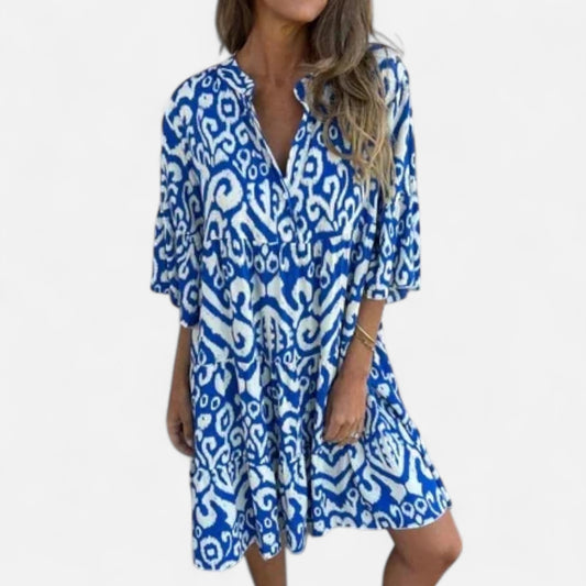Velour Mode | Robe Femme Plissée à Imprimé – Décolleté en V, Élégance Décontractée