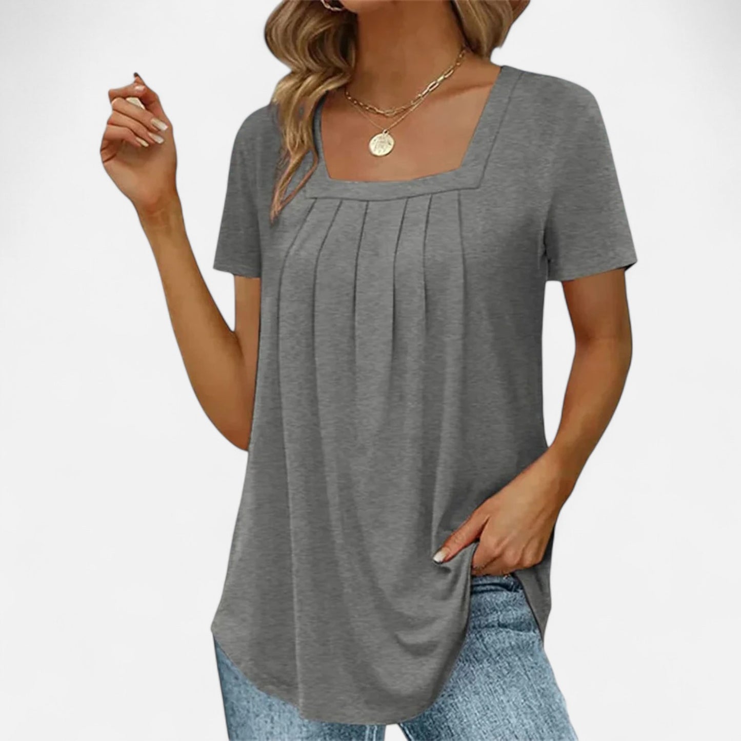 Velour Mode | T-shirt Femme Élégant à Col Carré – Plissé Délicat, Allure Structurée
