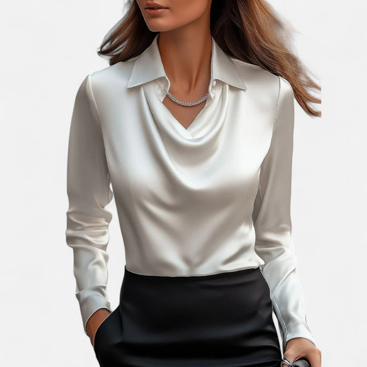 Velour Mode | Blouse Femme en Satin à Encolure Drapée – Éclat Subtil, Élégance Sculptée