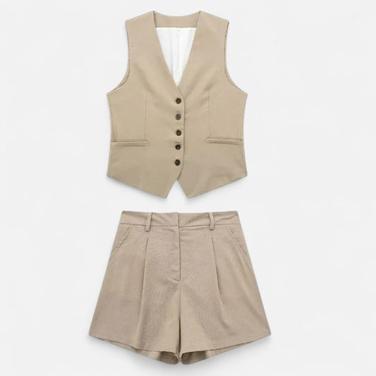 Velour Mode | Ensemble Femme Gilet + Short Taille Haute – Silhouette Affinée, Style Coordonné