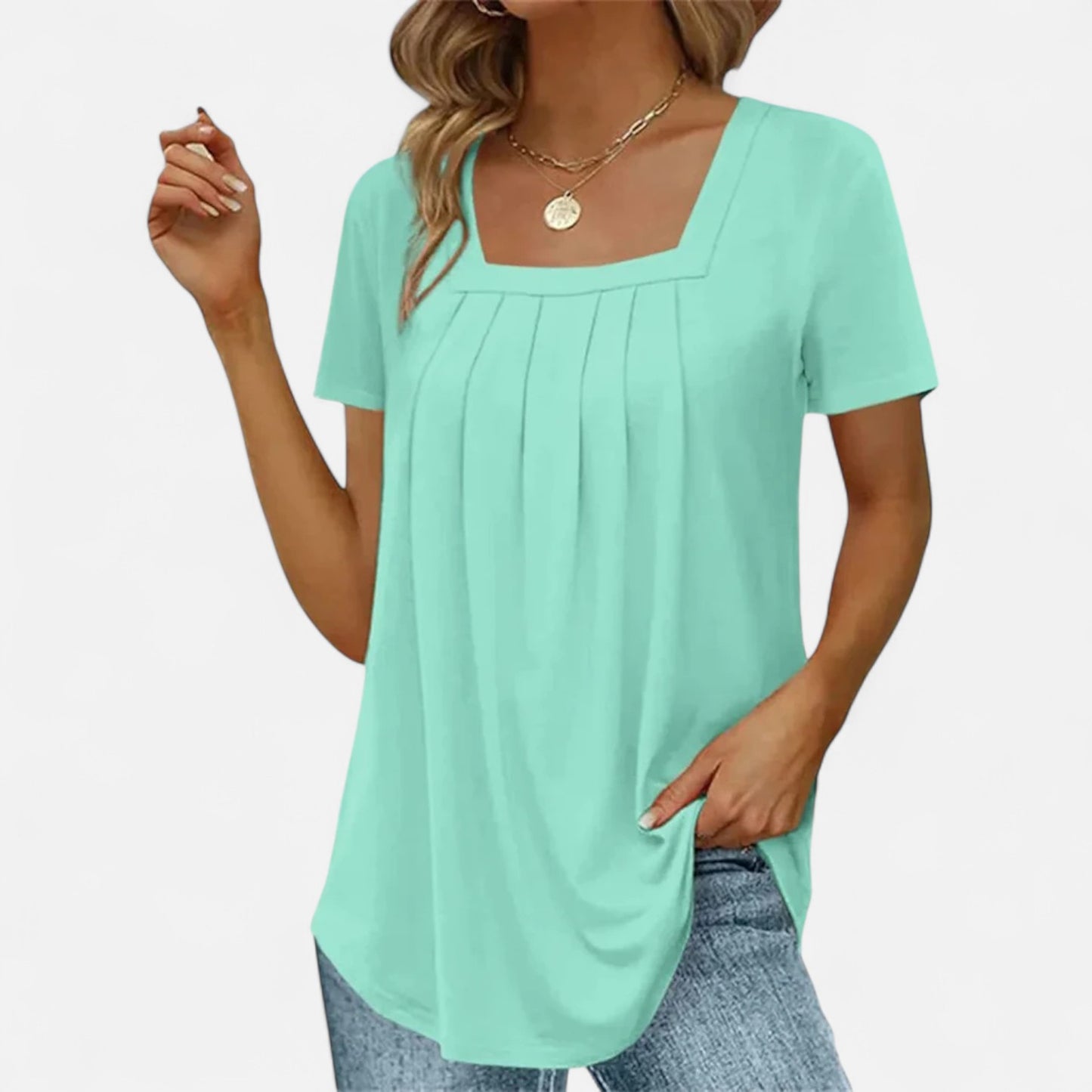 Velour Mode | T-shirt Femme Élégant à Col Carré – Plissé Délicat, Allure Structurée