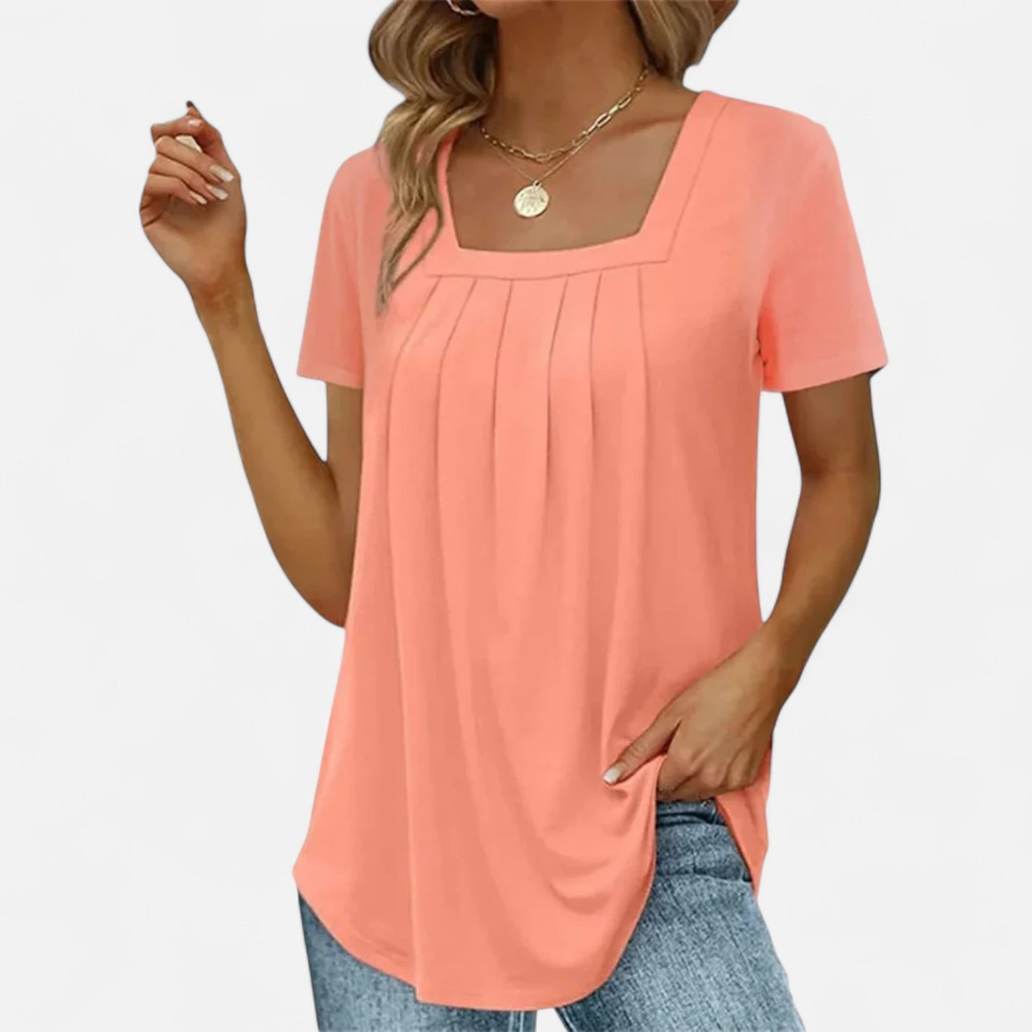 Velour Mode | T-shirt Femme Élégant à Col Carré – Plissé Délicat, Allure Structurée