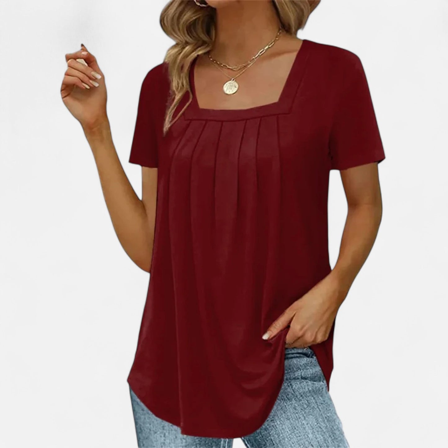 Velour Mode | T-shirt Femme Élégant à Col Carré – Plissé Délicat, Allure Structurée