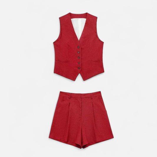 Velour Mode | Ensemble Femme Gilet + Short Taille Haute – Silhouette Affinée, Style Coordonné