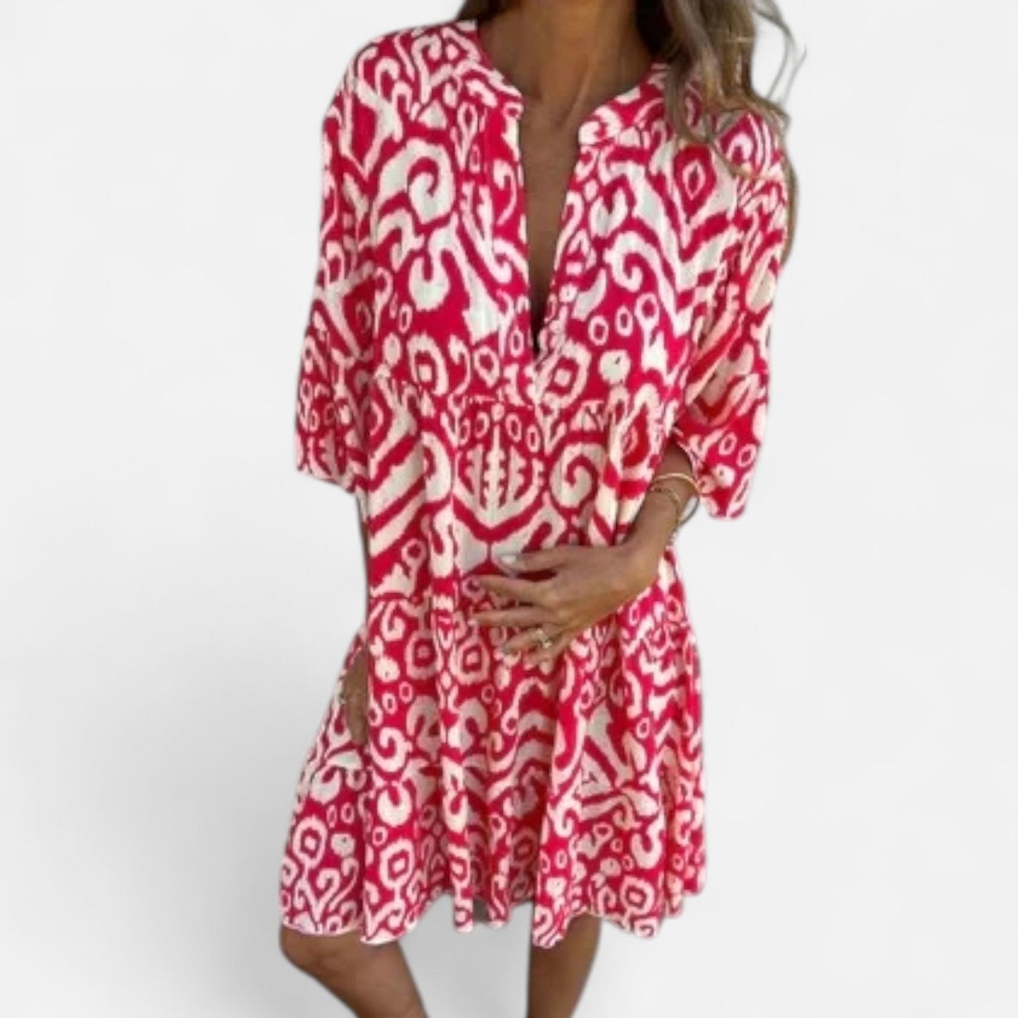 Velour Mode | Robe Femme Plissée à Imprimé – Décolleté en V, Élégance Décontractée