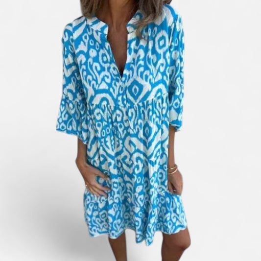 Velour Mode | Robe Femme Plissée à Imprimé – Décolleté en V, Élégance Décontractée